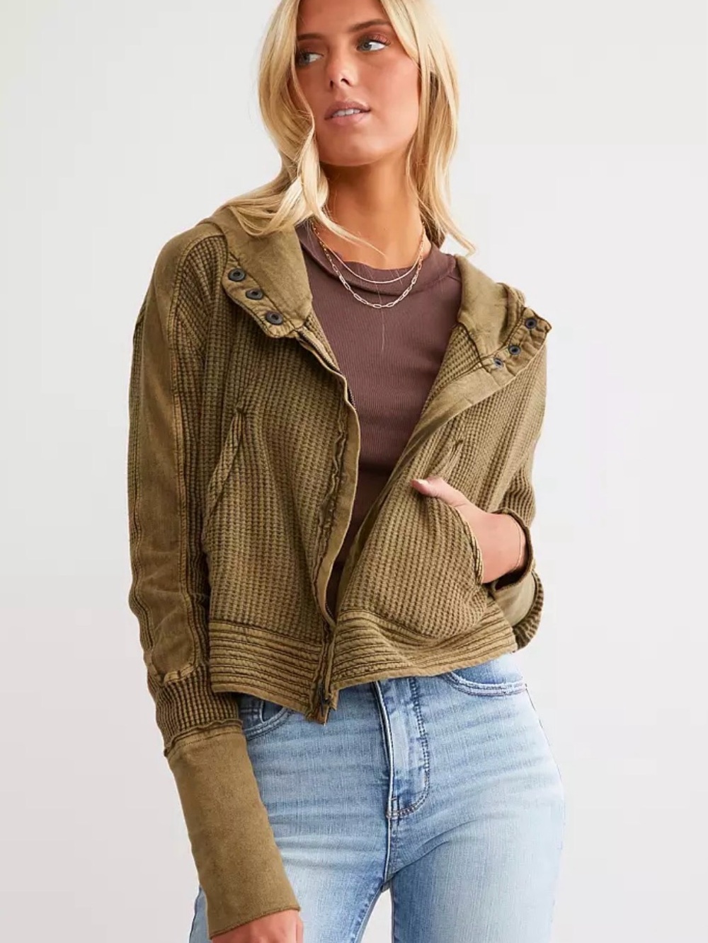 Free People FP One Mason Cropped Hoodie in Green Waffle Knit